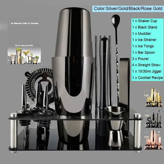 Cocktail Shaker Set 3-12 Pcs 550ml 800/600ml with Black Rose Gold Shakers